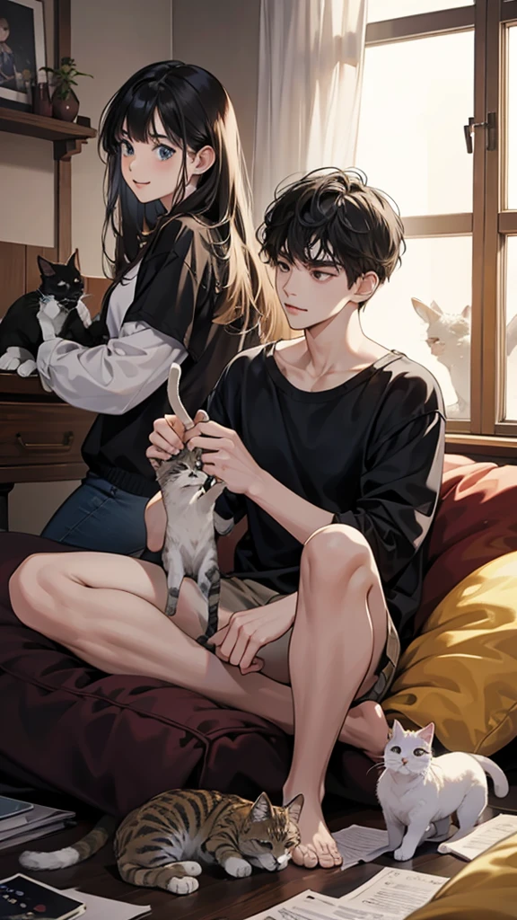 college student couple,Still face, black hair, Multiple cats,Carrying a cat, living room