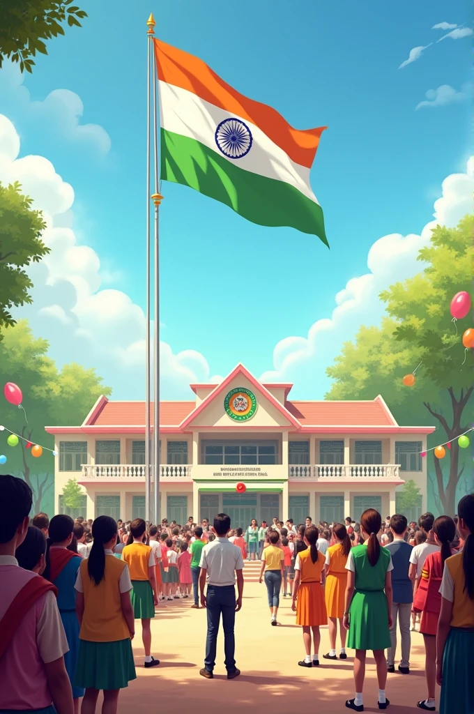 Create a vibrant and festive scene for an Independence Day celebration at Shree Nalanda Vidyalay International School. The school campus is decorated with the Indian flag colors—saffron, white, and green. There is a large Indian flag being hoisted, with students and teachers standing in attention, dressed in traditional and school uniforms. The backdrop includes colorful banners and balloons. The atmosphere is lively and patriotic, with students holding small flags, and the school building in the background adorned with Independence Day decorations. The sky is clear and bright, symbolizing a new dawn of .