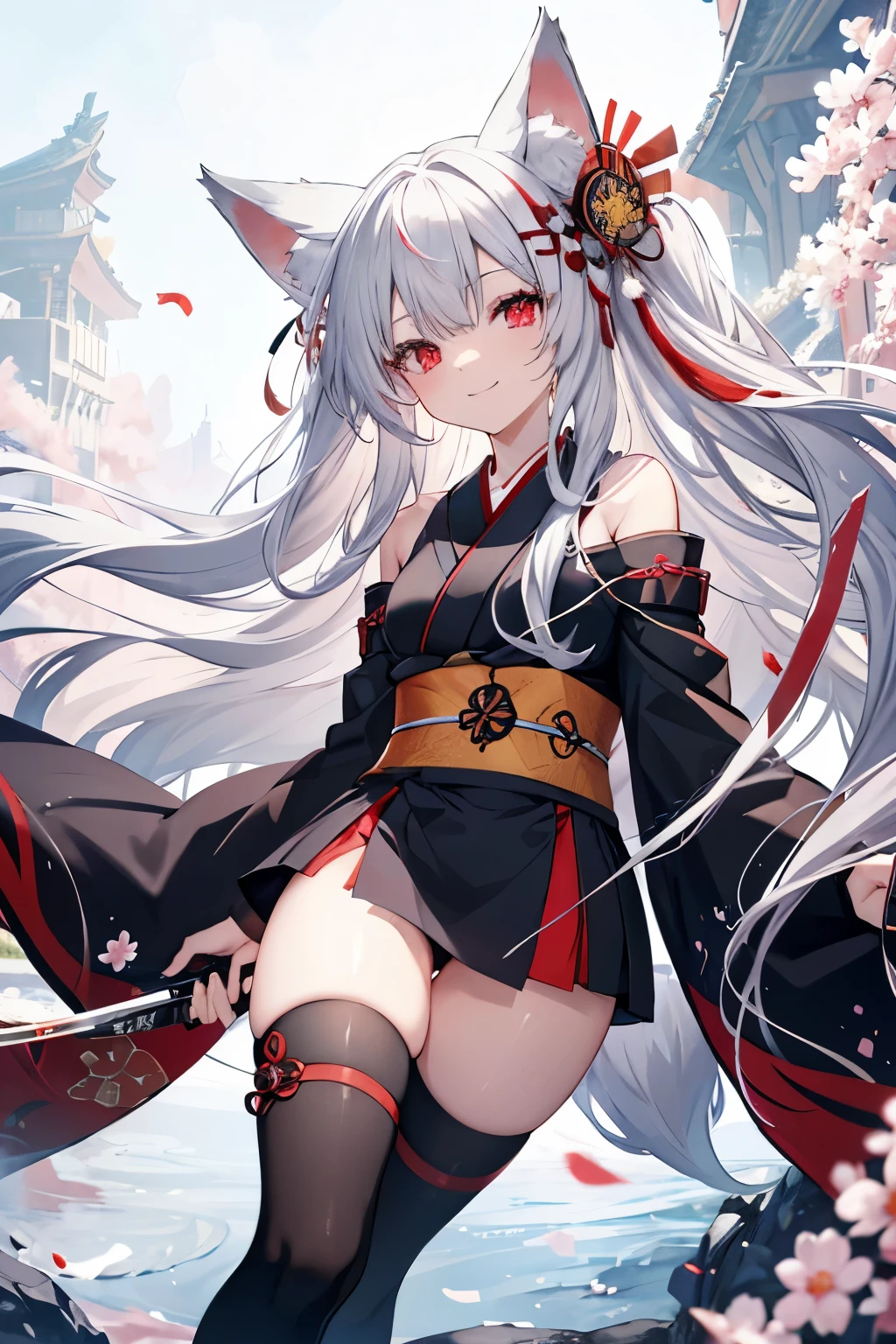 Long Hair, Red eyes, Fox Ears, Attention to detail, Silver Hair, Both sides up, Animal ears , happiness/joy, anime, Spread your legs Swaying in the Wind Fox Tail Red and black kimono Twin Side Up smile Too much exposure Japanese sword