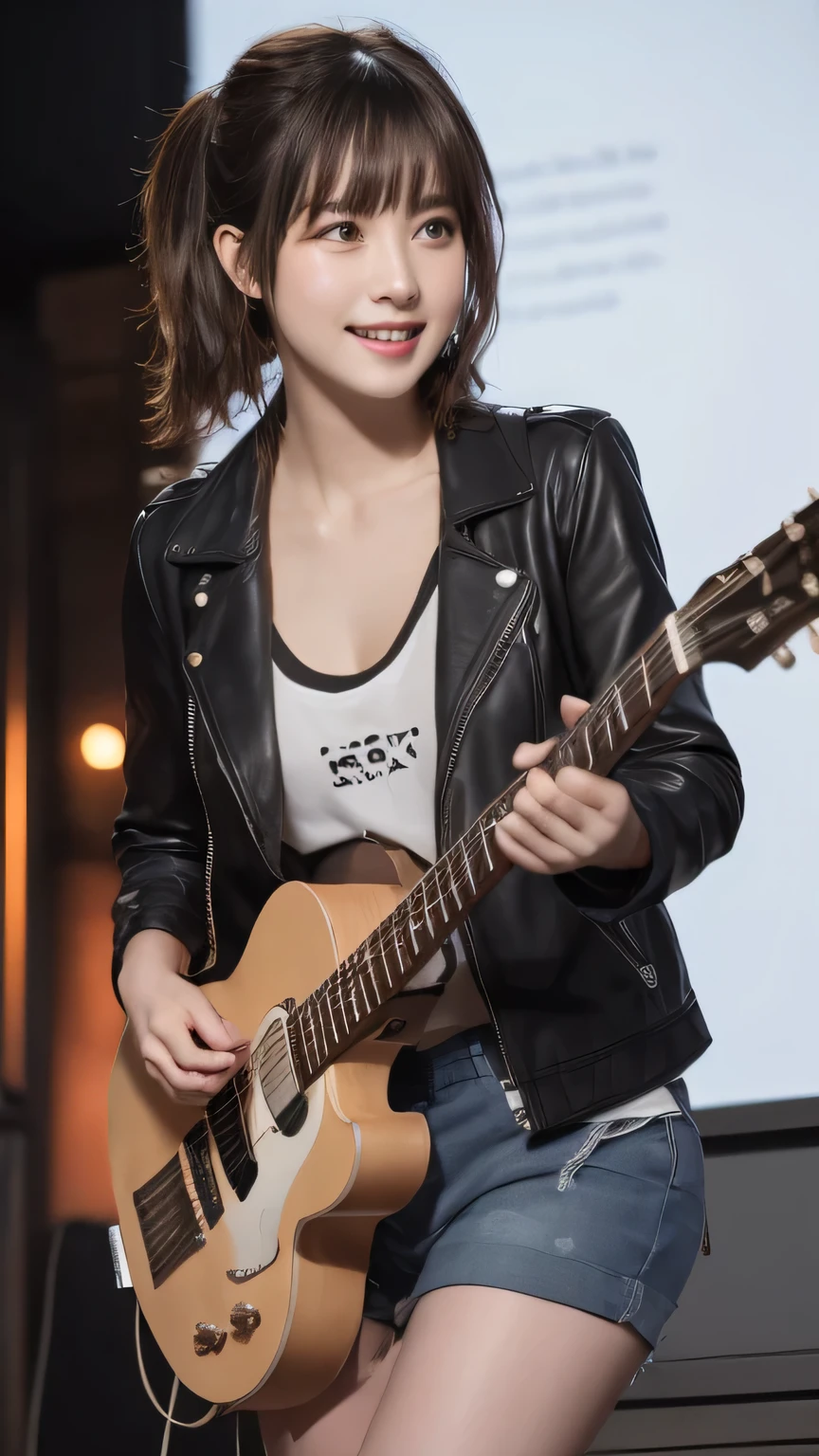 Best image quality (8k, High resolution, masterpiece: 1.2), Very detailed, Random Hairstyles, 26-year-old woman,
Extraordinary beautiful girl、Cute and beautiful face details、(Dealing with the Children_v1:0.008)、
score_9, score_8_upper, score_7_upper,
Rock performance situation at a live house: On the stage of a darkened live house、The moment he was performing rock music while strumming his guitar。Enveloped by the enthusiasm of the audience and the music。
clothing: Wearing a black leather jacket、The zipper is fully open。The inner is a T-shirt with the band's logo on it.、Paired with distressed jeans。
expression: Focus on the music、A powerful expression that unfolds a passionate performance。
,Active stop temporarily ,
On her side、The thunder danced。
Focus on the upper waist
, Random cute poses ,Big eyes ,Puffy eyes , Heart pupil, blush , Big shy smile , salute