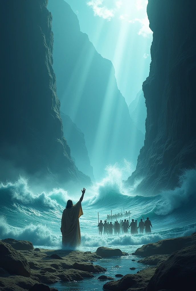 A dramatic and epic scene showing Moses parting the raging waters of the Red Sea. The sea, which miraculously opened, now forms towering walls of water on either side of the Israelites. with rays of divine light breaking through the darkness, suggesting God's powerful intervention. The water is depicted in shades of deep blue and turquoise, mixing with the white foam of the moving waves. moment of victory and divine justice.