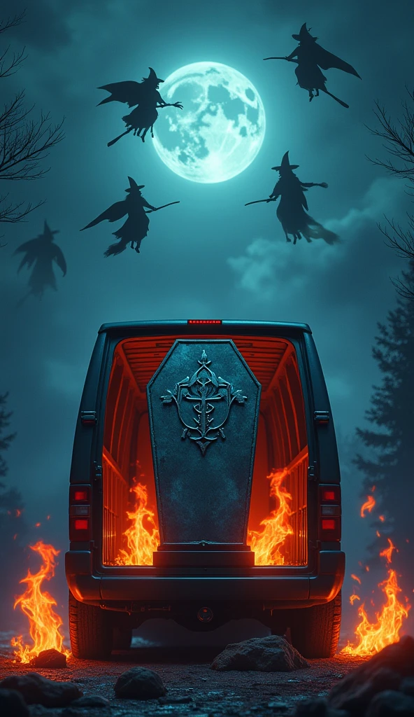 There is a title "Grave Walker" written on coffin. There is night background and the magical coffin is placed in the van. Tires of the van is on fire. Witches are flying on their brooms in the sky. A 3D, Aesthetic,horror fantasy poster. The title "Grave Walker" is clearly visible on the coffin