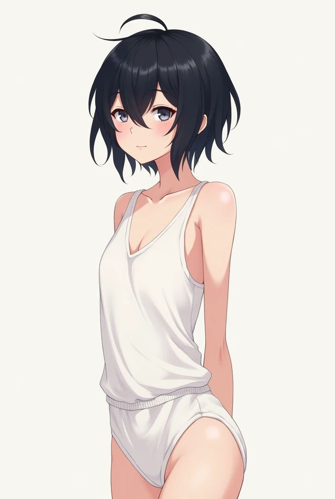 、Shortcuts、boyish、Black Hair、White innerwear