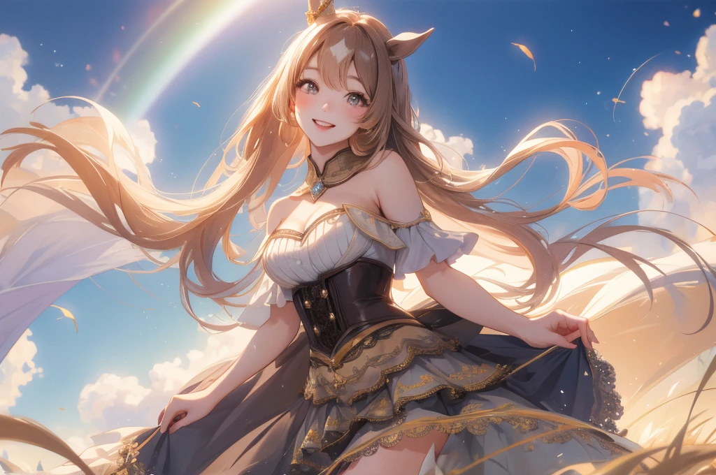 One Horse Beautiful Girl、Gummy Smile、Hands behind your head、Prone、Beautiful breasts、dusk、super high quality、Final Resolution、Best assembly、Correct body structure、High angle、From the knee up、Face Detail、Colorful、High saturation