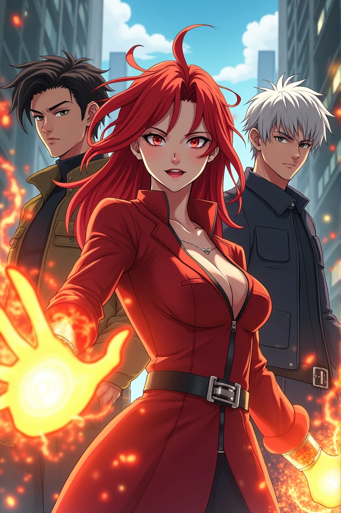 1 anime picture of 3 people including 1 female and 2 males, red haired woman uses fire, a black haired male hacker, 1 white haired male with time control skills