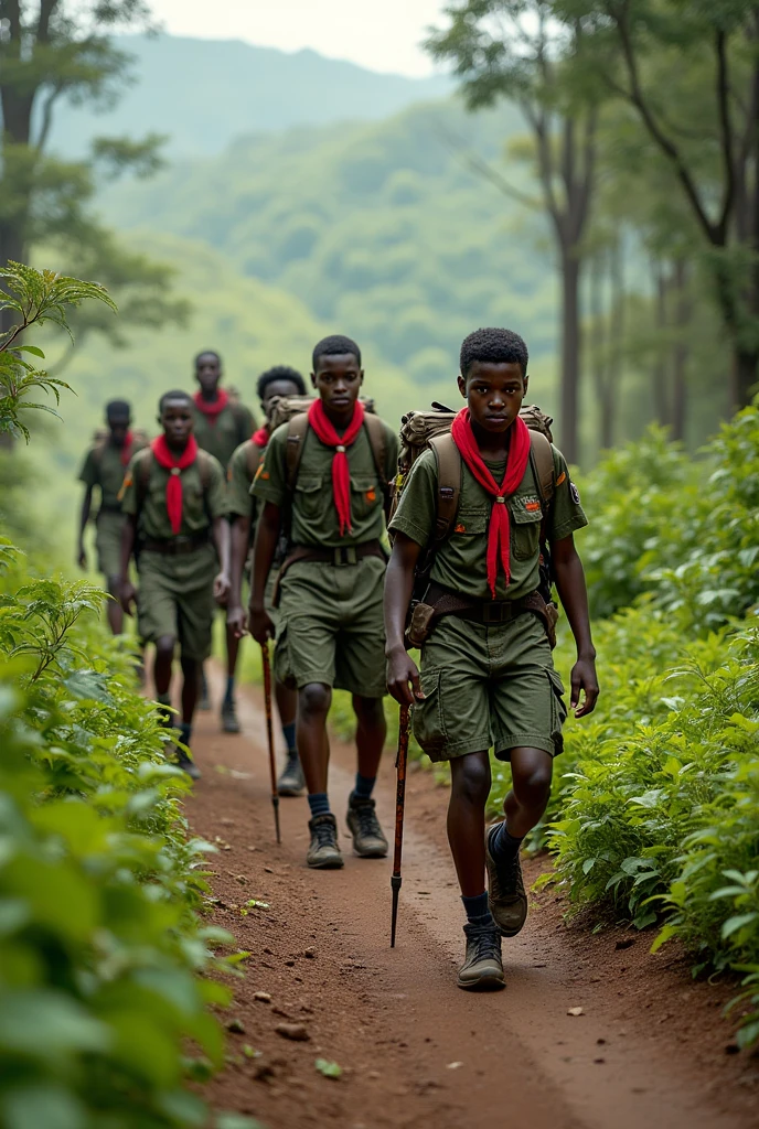 Young African scouts with camouflage shirts and red scarves on a hike