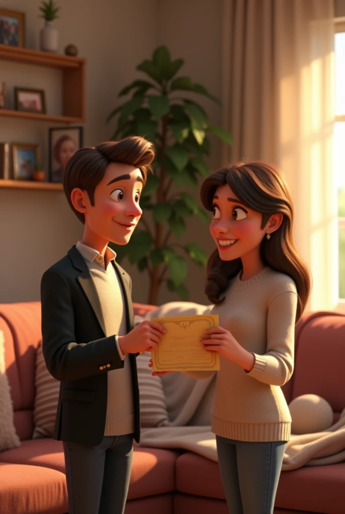 A young man giving his wife a document at his home , 3d , pixar disney style, cinematic masterpiece, aesthetic