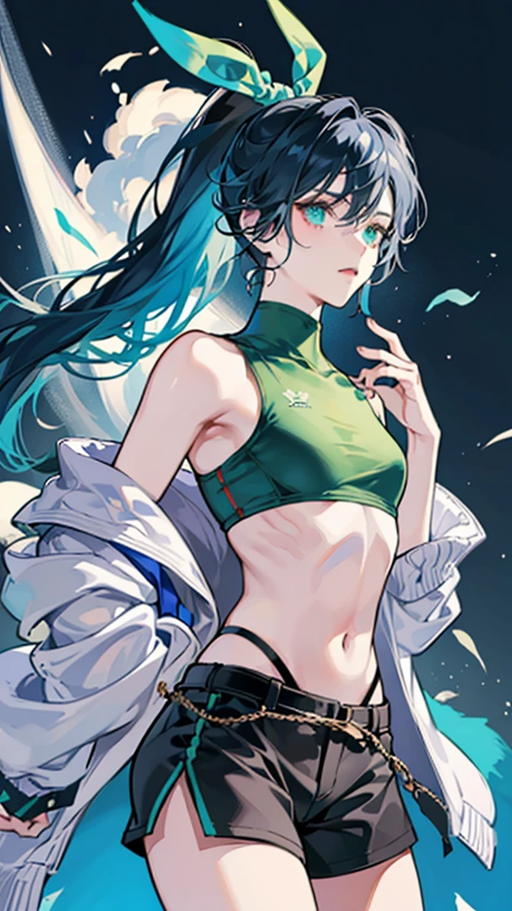 	•	Head:
	•	The character has a youthful and focused expression, with a serious and determined look in their eyes.
	•	Bright blue hair is styled into a high ponytail that stands upright, with the ends tied up using a colorful band.
	•	The character has sharp, pointed ears that add to the sleek and agile appearance.
	•	The eyes are large and expressive, framed by a pair of dark blue, angular eyebrows. The character wears a black headband that helps to keep the hair and accessories in place.
	•	Accessories:
	•	The character is equipped with a pair of black and green armbands on each forearm, adding to the sporty and combat-ready appearance.
	•	A large, futuristic water gun is held in both hands, primarily green with blue and red accents. The design is sleek and resembles a high-tech weapon.
	•	The character also carries a cylindrical tank on their back, connected to the water gun by a green hose, indicating that it holds additional ammunition.
	•	Upper Body:
	•	The character wears a white short-sleeved top with black sleeves and a green collar. The top is fitted and functional, designed for easy movement and agility.
	•	The top has a small, subtle logo on the lower side, adding to the overall modern and sleek design.
	•	Lower Body:
	•	The character wears dark blue shorts that match the sporty and combat-ready theme of the outfit. The shorts are short and allow for maximum movement during action.
	•	On the feet, the character sports chunky, purple, and green sneakers with white soles. The shoes are designed for comfort and agility, with a thick sole providing extra support during movement.

One boy, alone, Simple Background, Anatomically correct,