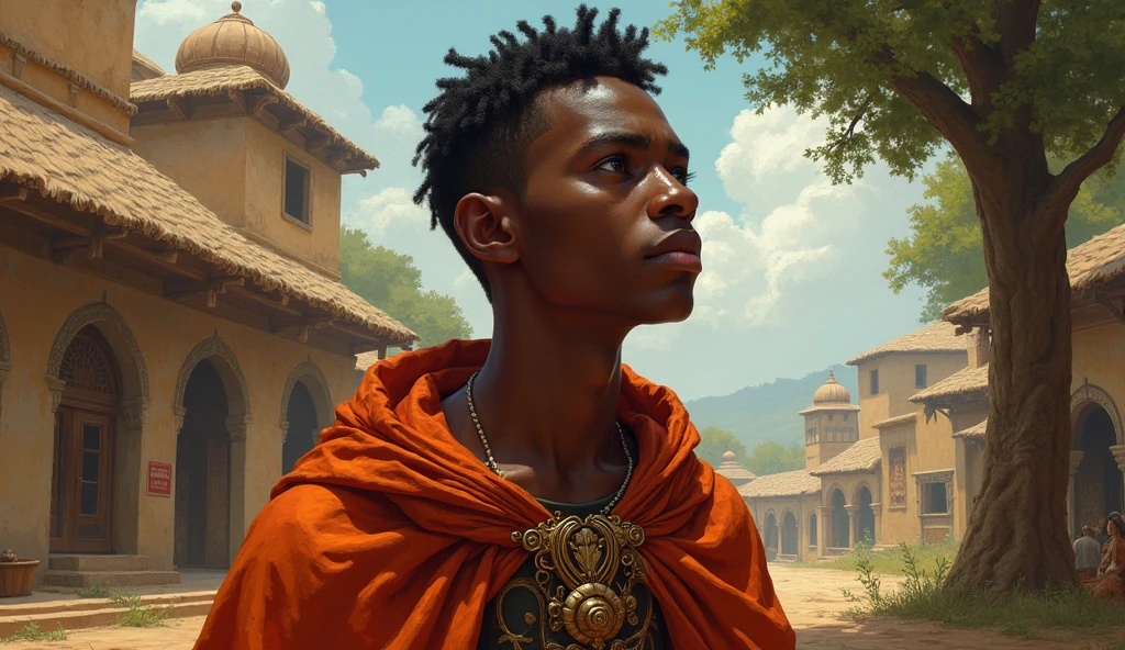 (African folktale) mandla the young prince his expression a mix of determination and pride.
 He is dressed in rich, vibrant robes that signify his royal heritage.
He his dreaming of restoring his father dominance.