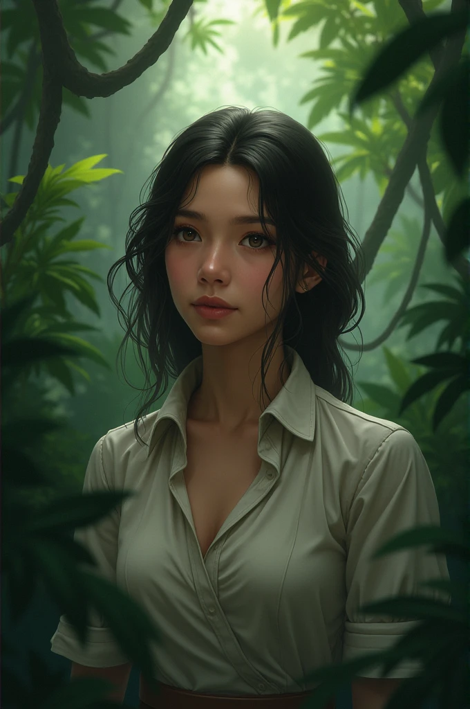 aran, who listens attentively with a calm and reassuring demeanor. The background is the lush jungle with a hint of danger lurking in the shadows."