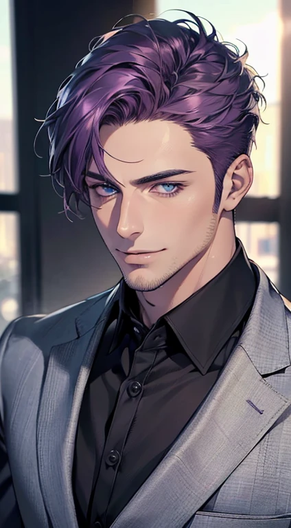 (best quality,4k,8k,highres,masterpiece:1.2),ultra-detailed,(realistic,photorealistic,photo-realistic:1.37),1 man,31 years old,mature man,very handsome,without expression,smile,short purple hair,blue eyes,penetrating gaze,perfect face without errors,imposing posture,businessman,office background,cinematic lighting,hdr image