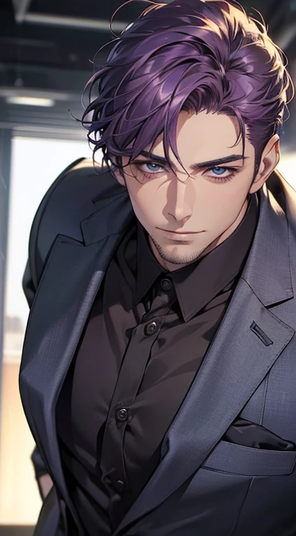 (best quality,4k,8k,highres,masterpiece:1.2),ultra-detailed,(realistic,photorealistic,photo-realistic:1.37),1 man,31 years old,mature man,very handsome,without expression,smile,short purple hair,blue eyes,penetrating gaze,perfect face without errors,imposing posture,businessman,office background,cinematic lighting,hdr image