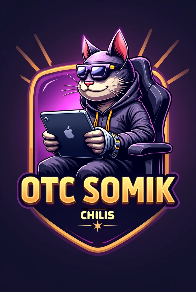 Create a logo for a man about a PUBG Mobile player with the nickname OTC SOMiK. The logo should show a catfish breed
playing PUBG Mobile on an iPad. The fish is sitting in handcuffs on a gaming chair with glasses. The logo must contain the inscription OTC》SOMiK. The colors are purple and gold