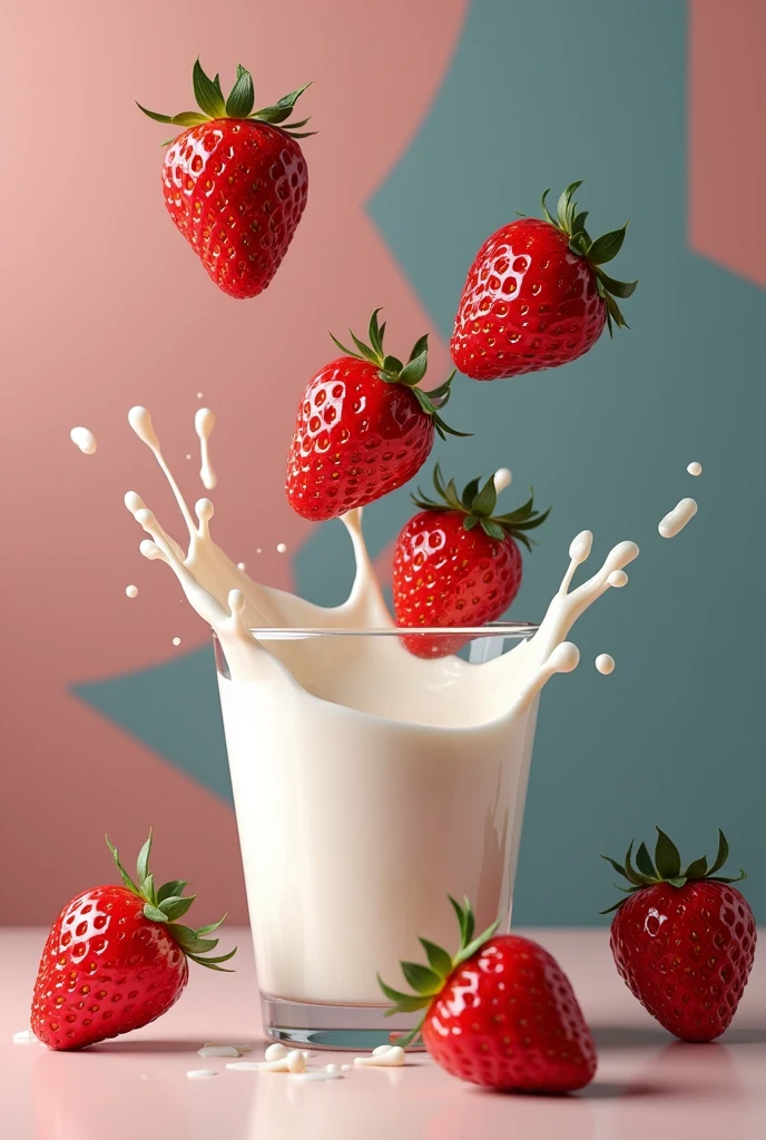 Several large strawberries fell into a glass of milk,milk splashes,, Eduardo Cobra Acol Jojomante ,GEOMETRIC WALL PORTRAIT, Artistically, Red Cliff,yang08k, Beautiful feces, dyeing,