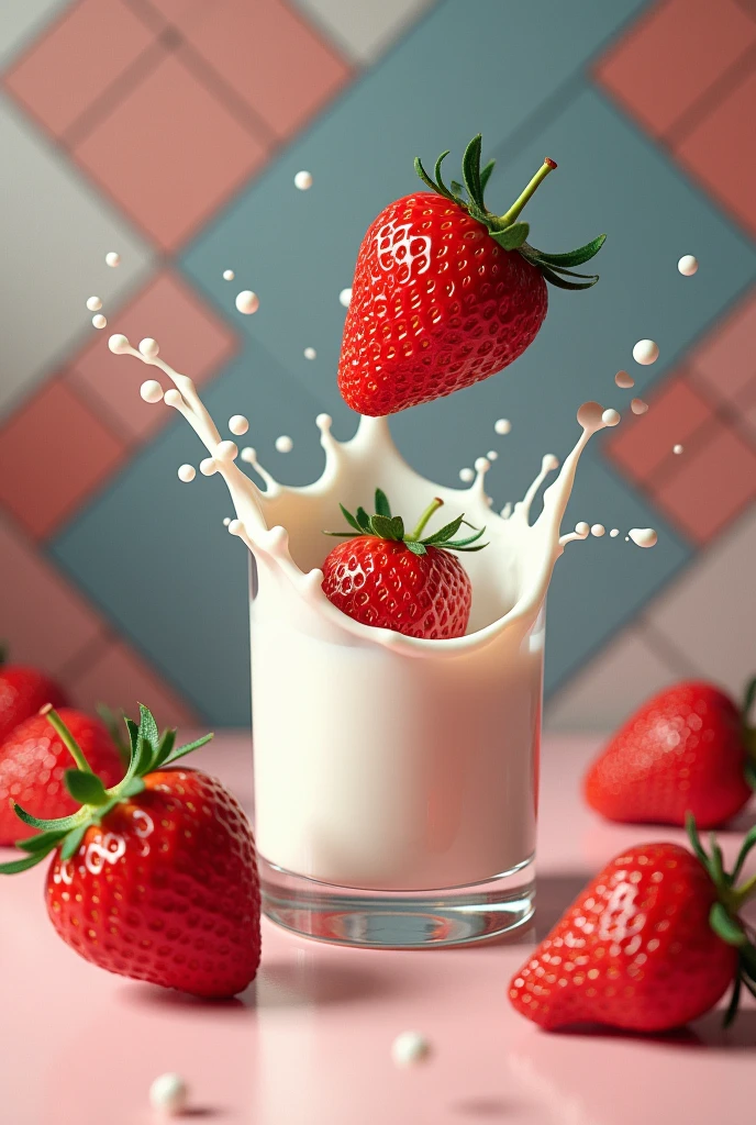 Several large strawberries fell into a glass of milk,milk splashes,, Eduardo Cobra Acol Jojomante ,GEOMETRIC WALL PORTRAIT, Artistically, Red Cliff,yang08k, Beautiful feces, dyeing,