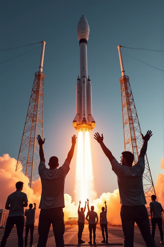 The Falcon 9 rocket landing back on Earth, with engineers cheering in the background."