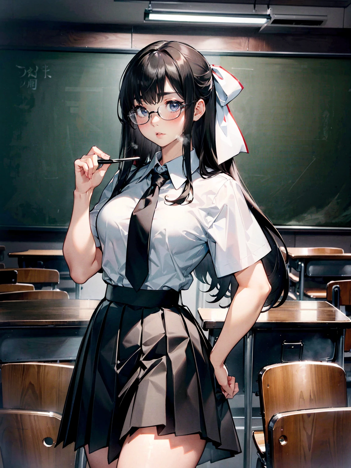 masterpiece、super high quality、Ultra-high resolution、Honors Type, Really blushing, Long black hair、Pleated skirt、White Shirt、Ribbon tie、classroom, Black-rimmed glasses、(Sturdy body:1.5、Thick body、muscle、Tight shirt)、A neat image、underwear、Tight shirt

