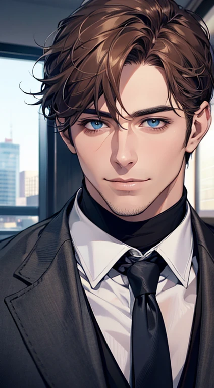 (best quality,4k,8k,highres,masterpiece:1.2),ultra-detailed,(realistic,photorealistic,photo-realistic:1.37),1 man,31 years old,mature man,very handsome,without expression,smile,short grey brown hair,blue eyes,penetrating gaze,perfect face without errors,imposing posture,businessman,office background,cinematic lighting,hdr image