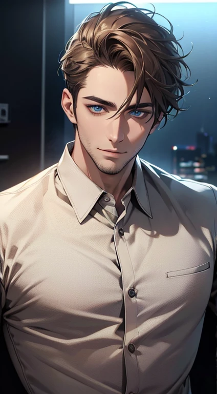 (best quality,4k,8k,highres,masterpiece:1.2),ultra-detailed,(realistic,photorealistic,photo-realistic:1.37),1 man,31 years old,mature man,very handsome,without expression,smile,short grey brown hair,blue eyes,penetrating gaze,perfect face without errors,imposing posture,businessman,office background,cinematic lighting,hdr image