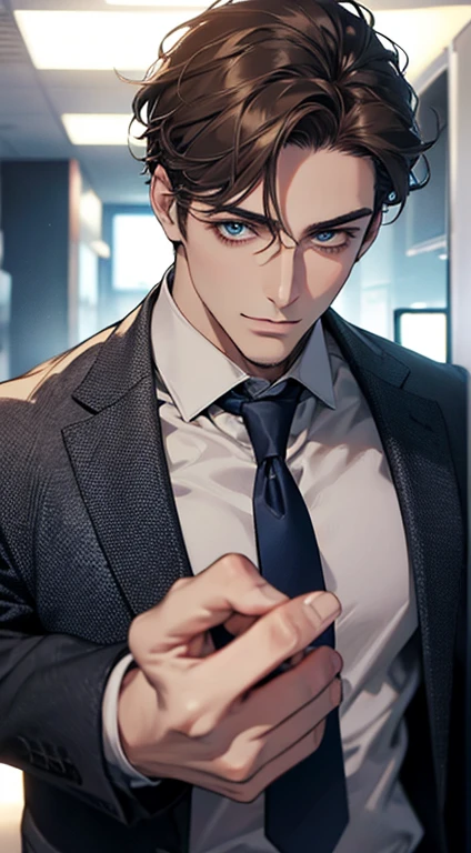 (best quality,4k,8k,highres,masterpiece:1.2),ultra-detailed,(realistic,photorealistic,photo-realistic:1.37),1 man,31 years old,mature man,very handsome,without expression,smile,short grey brown hair,blue eyes,penetrating gaze,perfect face without errors,imposing posture,businessman,office background,cinematic lighting,hdr image
