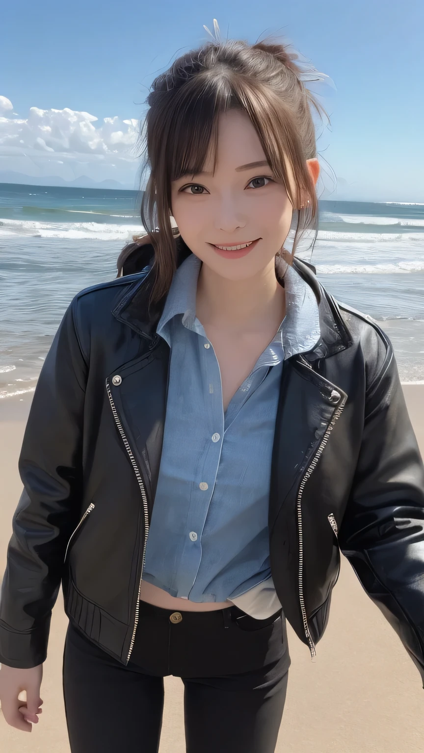 Best image quality (8k, High resolution, masterpiece: 1.2), Very detailed, Random Hairstyles, 26-year-old woman,
Extraordinary beautiful girl、Cute and beautiful face details、(Dealing with the Children_v1:0.008)、
score_9, score_8_upper, score_7_upper,
Solo travel situation on a rough coast: Walking alone along the shore where rough waves crash。Windy、The collar of the jacket is turned up to protect against the wind.。
clothing: Wearing a tight black leather jacket、A simple white shirt and black skinny pants underneath.。The feet are in heavy leather boots。
expression: It's lonely, but somehow liberating.、深く考え込んでいるexpression。
,Active stop temporarily ,
On her side、The thunder danced。
Focus on the upper waist
, Random cute poses ,Big eyes ,Puffy eyes , Heart pupil, blush , Big shy smile , salute