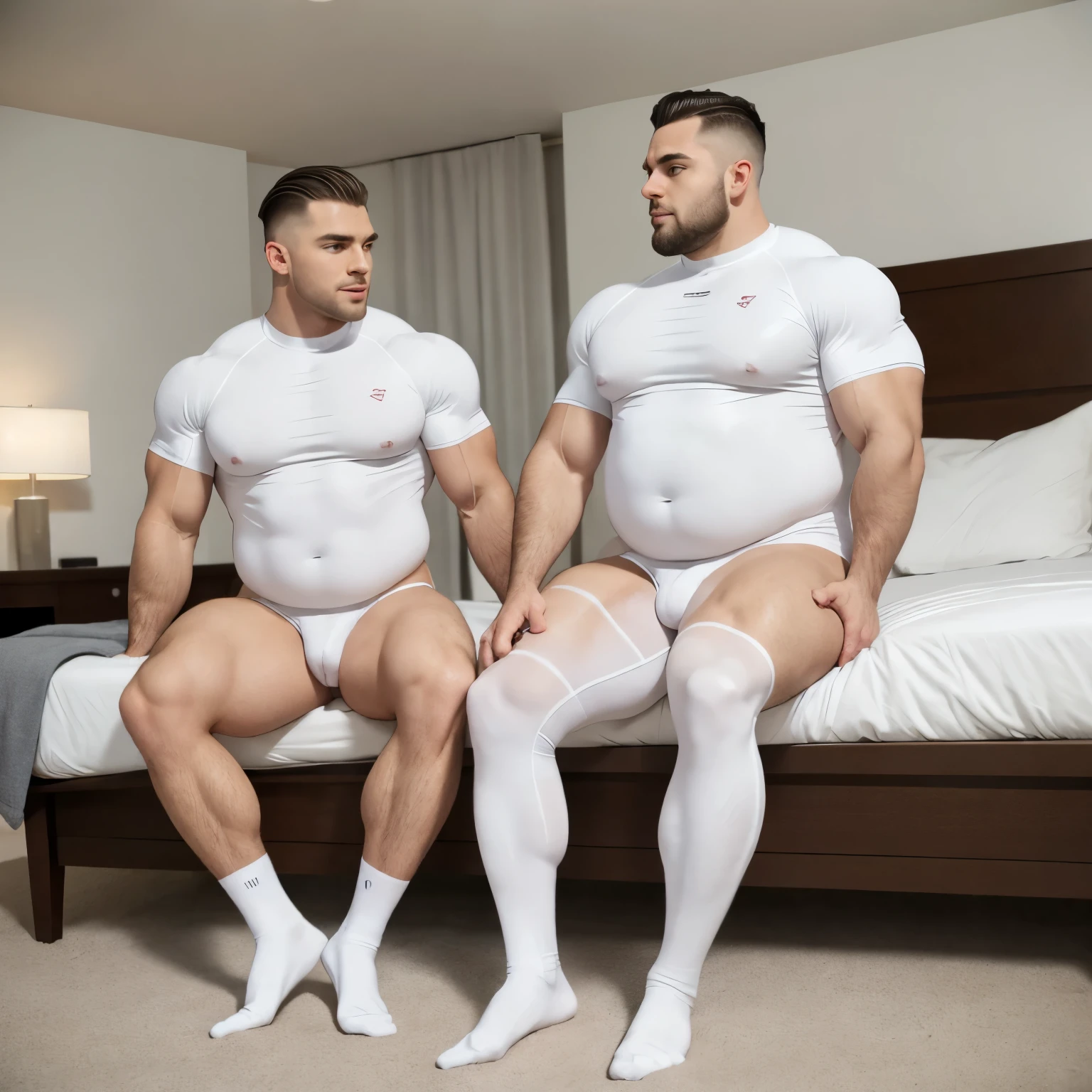 full body view, two young famous white european handsome bodybuilt athletes males with clean shaved styled undercut haircuts in white tight lycra fullsuit, white lycra socks, no shoes, admiring each other's monstuously over-inflated bloated round swollen pecs, looking ?????, in motel bedroom. Their white socks are visible