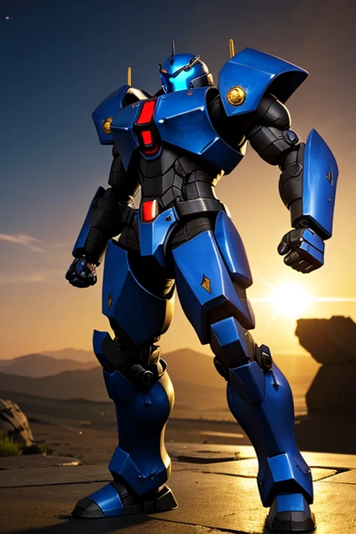 Make a mech for lancer tabletop rpg that is blue and uses giant gauntlets for fists that has golden star decals and is primarily a martial artist