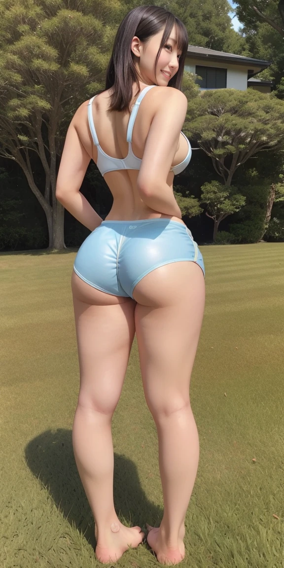 whole body, barefoot, Stand upright on the grass、Shortcuts、cute、20-year-old、Japanese、Large Breasts 、clear、(Tight shorts :1.3)、(Back view:1.3)、Big Ass