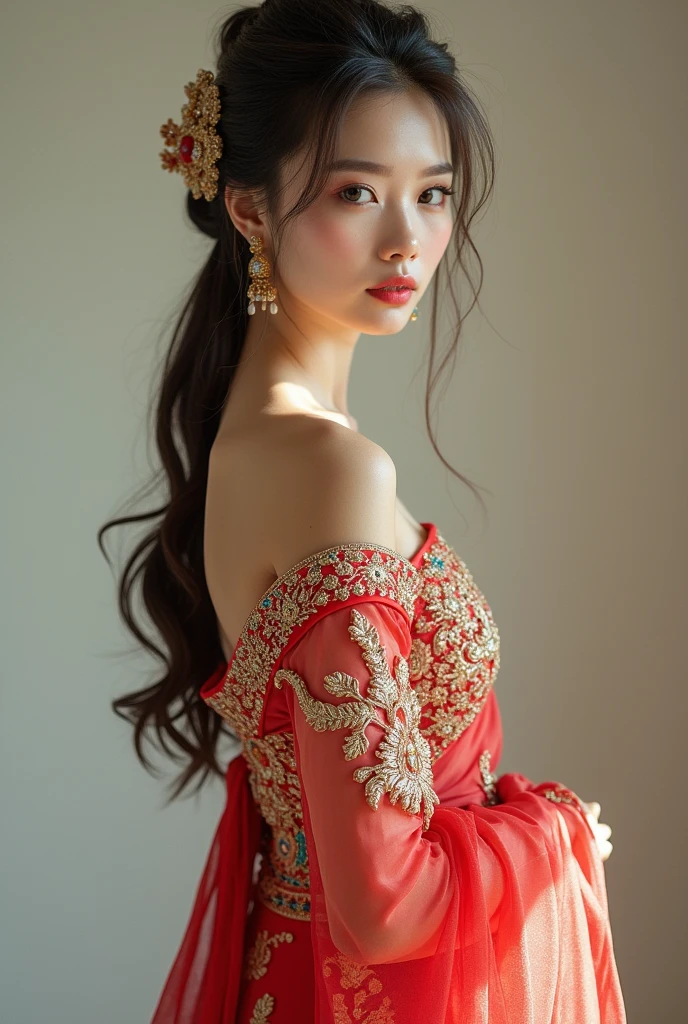 Thai female model wearing simple, attractive, elegant Thai Chakkri dress, charming woman, great beauty, charming standing, detailed limbs