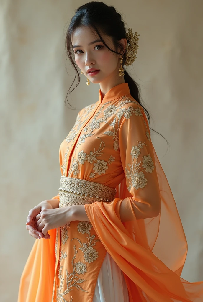 Thai female model wearing simple, attractive, elegant Thai Chakkri dress, charming woman, great beauty, charming standing, detailed limbs