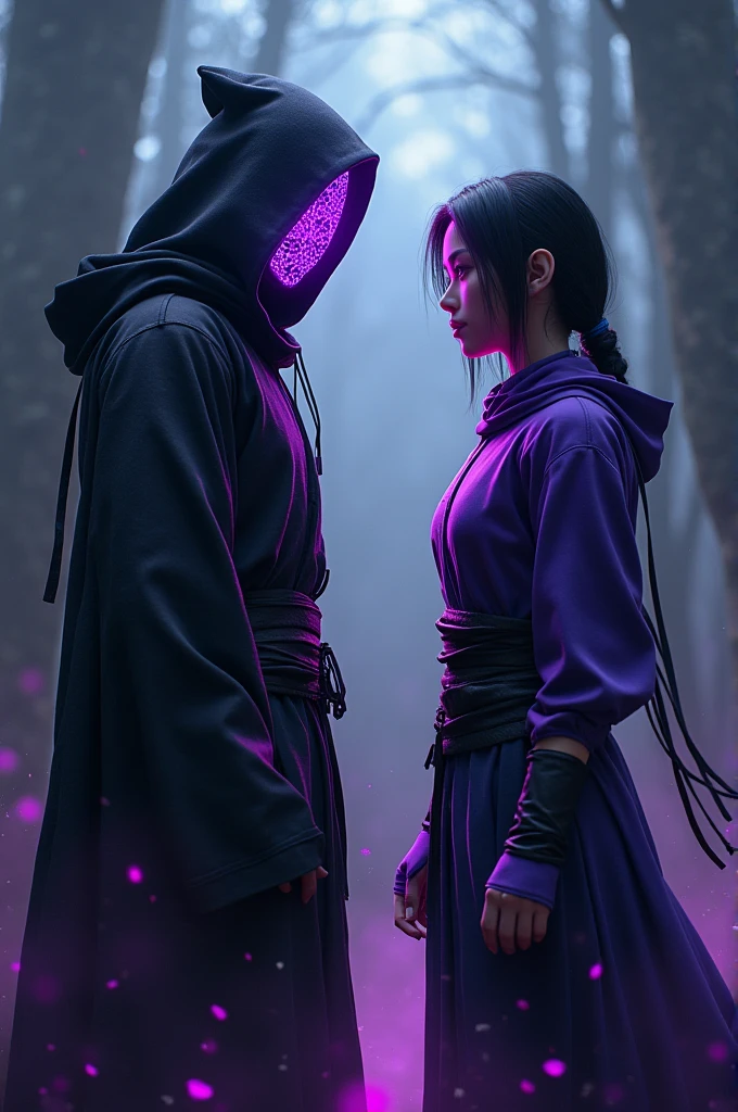 Creates an image based on these following characteristics:  ### name: Kage and Yūsha Appearance:
- **vestimentas:** Dark ninja costume with bright purple accents.
- **mask:** mask de rosto completo com um padrão roxo que brilha na escuridão..
