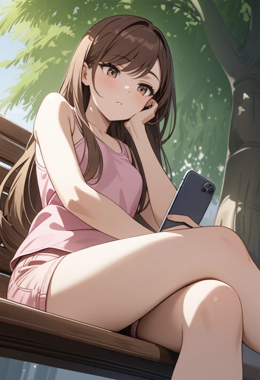 (masterpiece, best quality), stoic, looking at phone, beautiful face, upper body, close up, brown eyes, swept bangs, brown hair, very long hair, pink tank top, jean shorts, small breasts, sitting with legs crossed, hand on face, from below, bench, willow tree, Sunrays, shade, 
