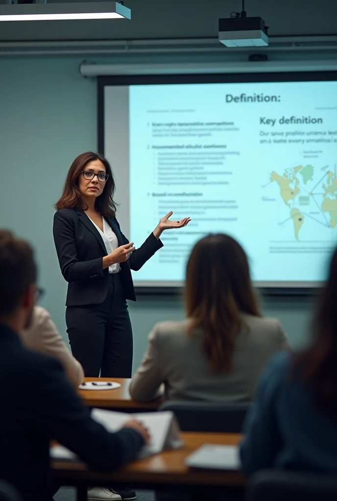 A woman instructor present a slide with key concepts and definitions to her student