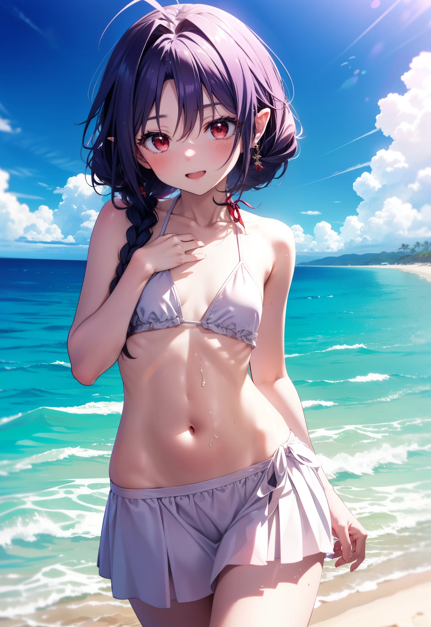 yuukikonno, Yuuki Konno, hair band, Ahoge,Long, thick braids, Pointed Ears, Purple Hair, (Red eyes:1.5), (Small breasts:1.2), smile,blush,Open your mouth,Purple bikini string swimsuit,Pareo Swimsuit,Belly button,A light red long skirt is tied around her waist.,barefoot,Water Play,Daytime,Clear skies,True Summer,whole bodyがイラストに入るように,Sandy Beachを散歩している,
break looking at viewer, whole body,  (Cowboy Shot:1. 5),
break outdoors, Beach,Sandy Beach,
break (masterpiece:1.2), Highest quality, High resolution, unity 8k wallpaper, (figure:0.8), (Beautiful attention to detail:1.6), Highly detailed face, Perfect lighting, Highly detailed CG, (Perfect hands, Perfect Anatomy),