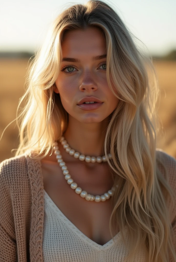 magnifique femme de 21 ans, long cou, longs cheveux blonds, frange, Yeux bleus parfaits, Lumière douce, Haute qualité, Résolution 4K, Vêtements décontractés, Colliers de perles, cardigan en tricot, Visualisez vos spectateurs dans une prairie d'italie