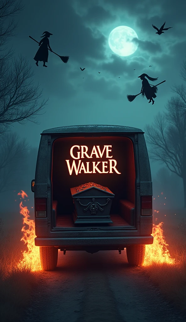 There is a horror title "Grave Walker" written on coffin. There is night background and the magical coffin is placed in the van. Tires of the van is on fire. Witches are flying on their brooms in the sky. A 3D, Aesthetic,horror fantasy poster. The title "Grave Walker" is clearly visible on the coffin