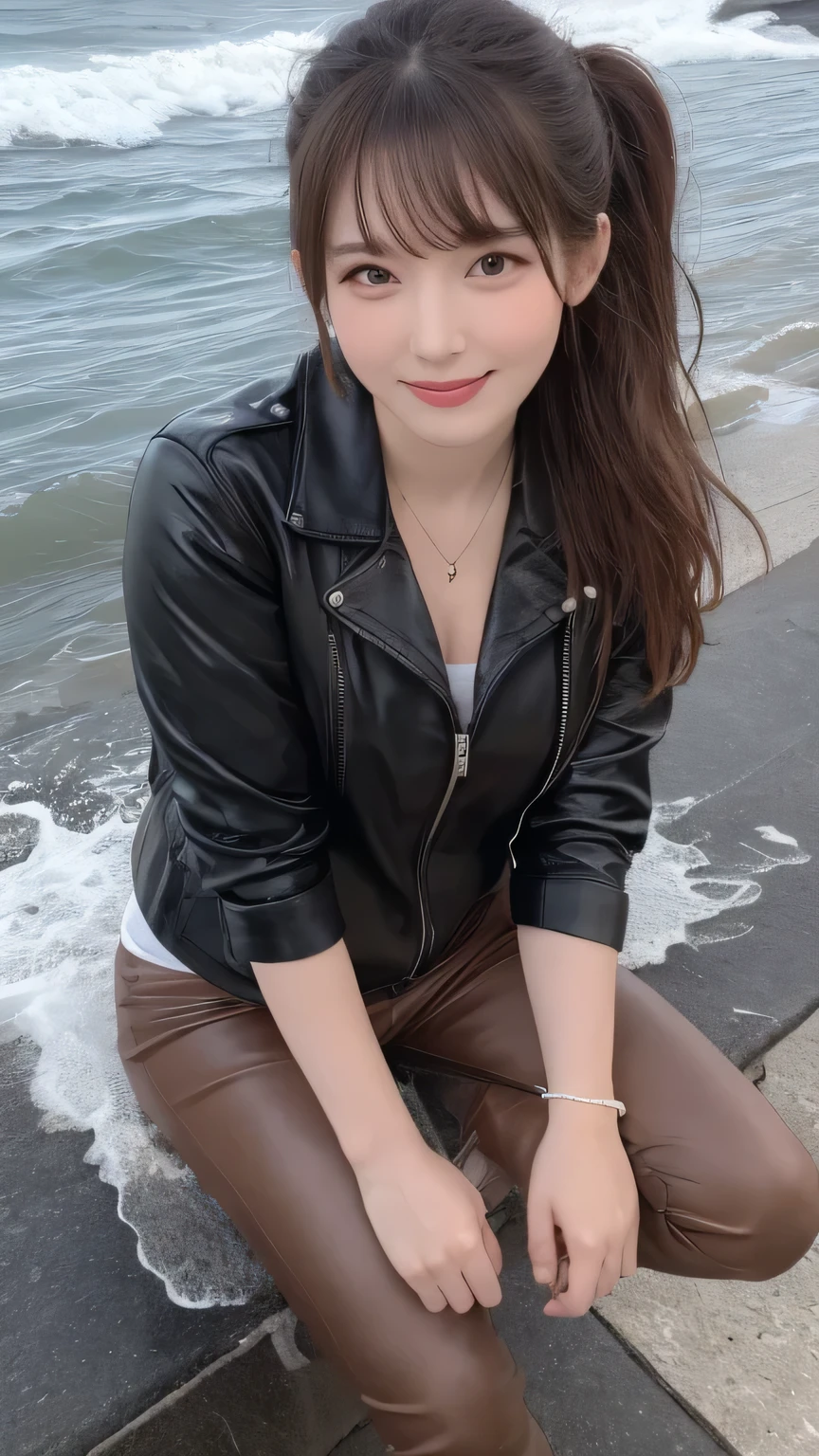 Best image quality (8k, High resolution, masterpiece: 1.2), Very detailed, Random Hairstyles, 26-year-old woman,
Extraordinary beautiful girl、Cute and beautiful face details、(Dealing with the Children_v1:0.008)、
score_9, score_8_upper, score_7_upper,
Solo travel situation on a rough coast: Walking alone along the shore where rough waves crash。Windy、The collar of the jacket is turned up to protect against the wind.。
clothing: Wearing a tight black leather jacket、A simple white shirt and black skinny pants underneath.。The feet are in heavy leather boots。
expression: It's lonely, but somehow liberating.、深く考え込んでいるexpression。
,Active stop temporarily ,
On her side、The thunder danced。
Focus on the upper waist
, Random cute poses ,Big eyes ,Puffy eyes , Heart pupil, blush , Big shy smile , salute