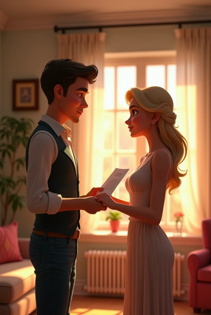 A young man giving his beautiful wife a document at his home , 3d , pixar disney style, cinematic masterpiece, aesthetic