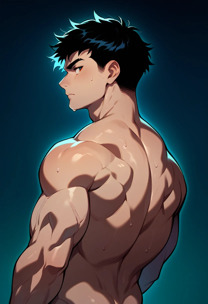 score_9, score_8_up, score_7_up, 1boy, solo, muscular, from behind, upper body, muscular back, black hair, short hair, looking to the side, night, dark enviroment, cinematic, veins, sweat