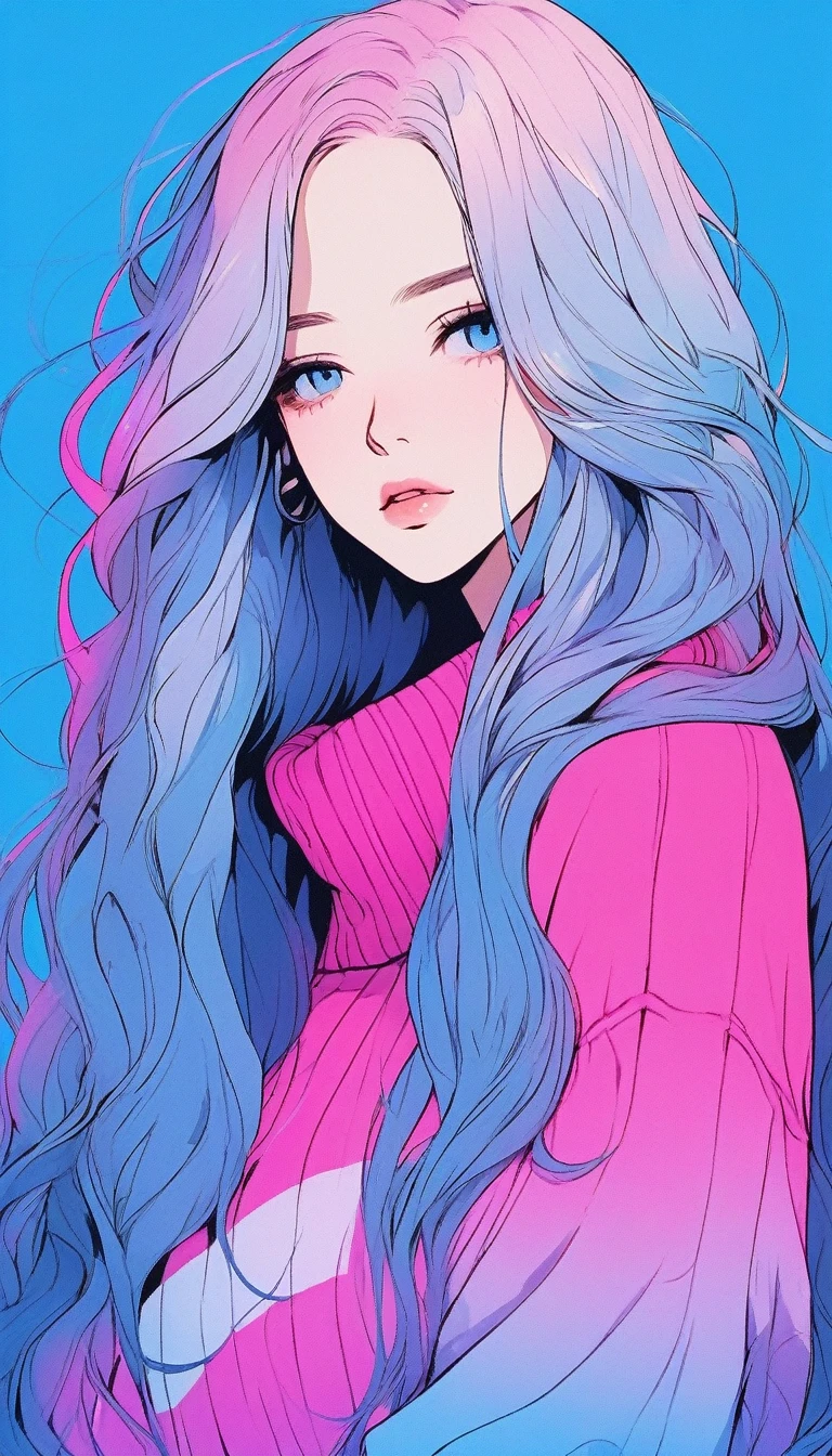 Illustrator, anime , Realistic ,sketch , 1 person, ,lip, sweater,order, Blue gradient background, Neon Long Hair,Texture Trim, Canadian, (masterpiece,Highest quality) Cancer
