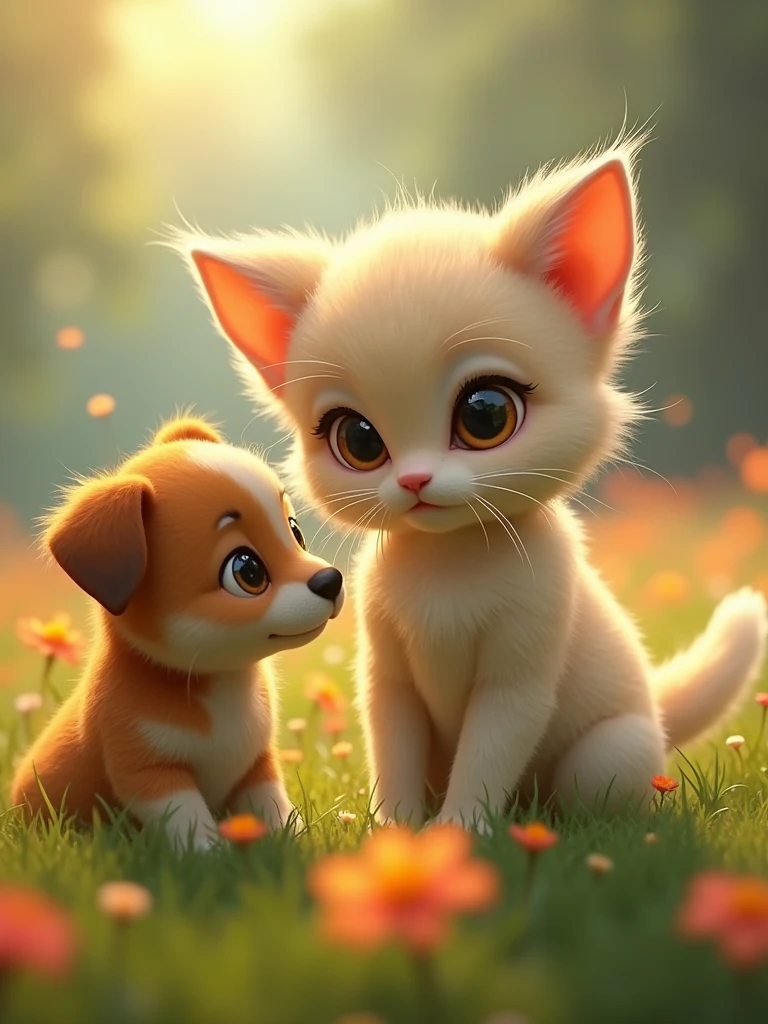 score_9, score_8_en haut, score_7_en haut, score_6_en haut, score_5_en haut, score_4_en haut,UHD, adorable créature ressemblant à un chat avec de grands yeux avec un chien