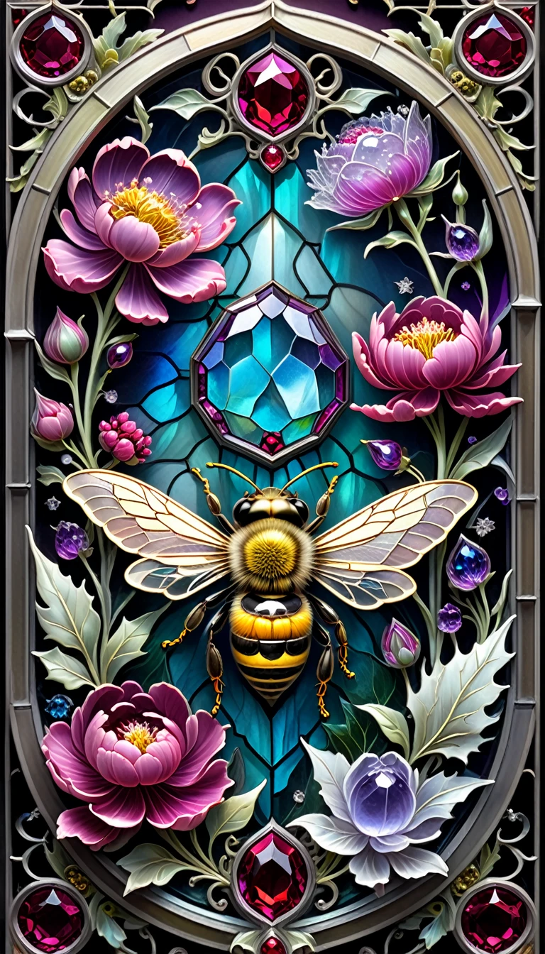 triadic colors, cinematic, official art, close fairytale transparent glass bee ruby peony flowers, ice hoarfrost, baroque, Craola, highly detailed stained glass wings, amethyst crystals, labradorite iridescent crystals, Andy Kehoe, John Blanche, complex highly detailed background, child book detailed illustration, fantasy, filigree, filigree detailed, intricated, cute
