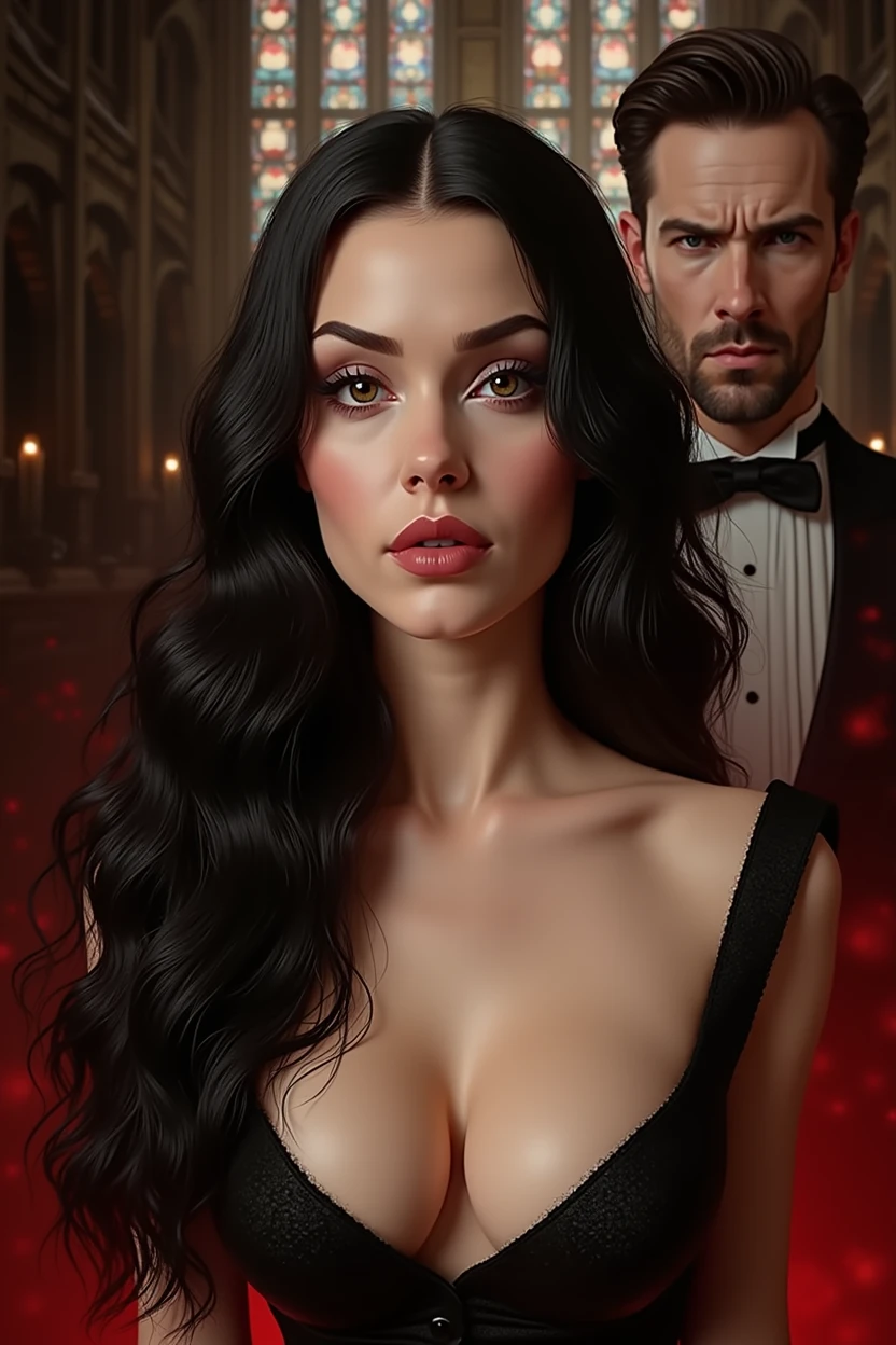 man and woman, Daniel Sisniega in black suit, near Catherine Zeta-Jones in black dress,woman with long hair, man with short hair, Victorian era, unshaven, Undercut,short brown hair combed back, 30 years old, beautiful face, arrogant look, a Catholic church in the background, black smoke swirling behind him, darkness swirling, villain, Lasombra, большая грудь у женщины.