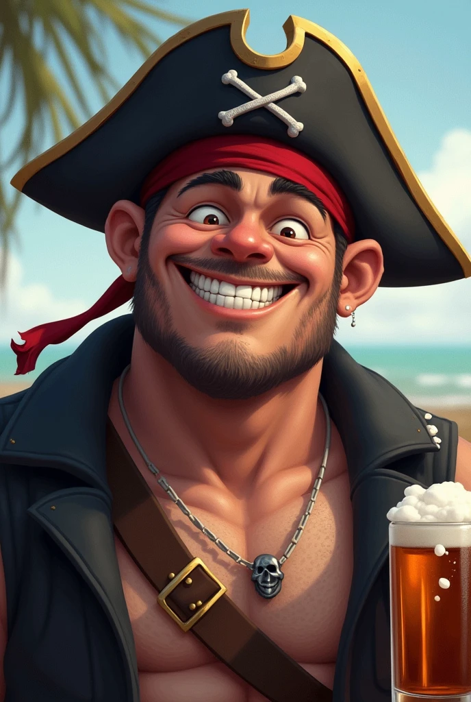 The drunken pirate has a cheerful expression, his chin resembles Cooking Papa's, he has no hat and is wearing a black towel