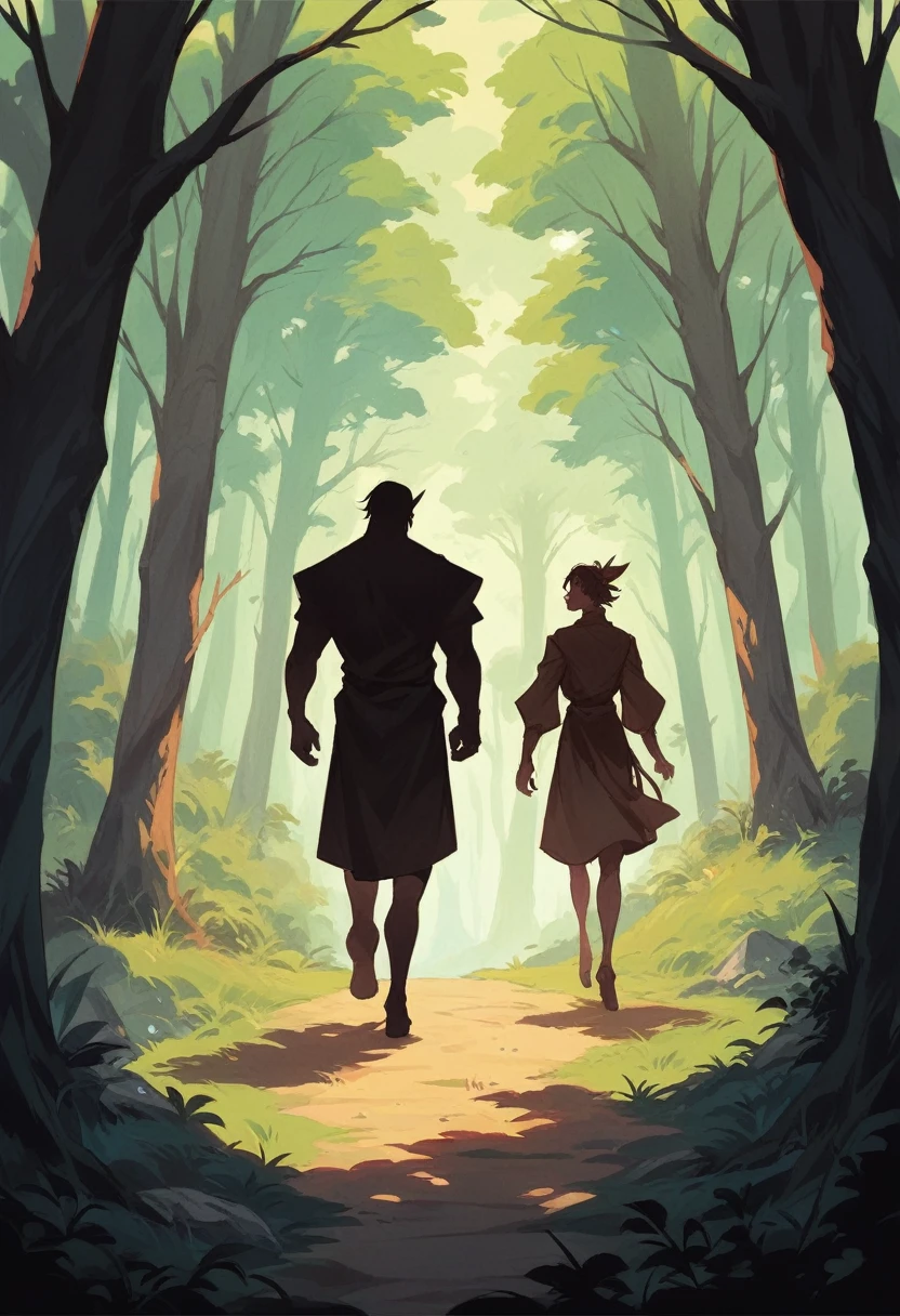 Whimsical fantasy story book illustration, Characters are shown in profile. older husband and wife walking down a beautiful path in forest. Silhouette of character, medium shot.