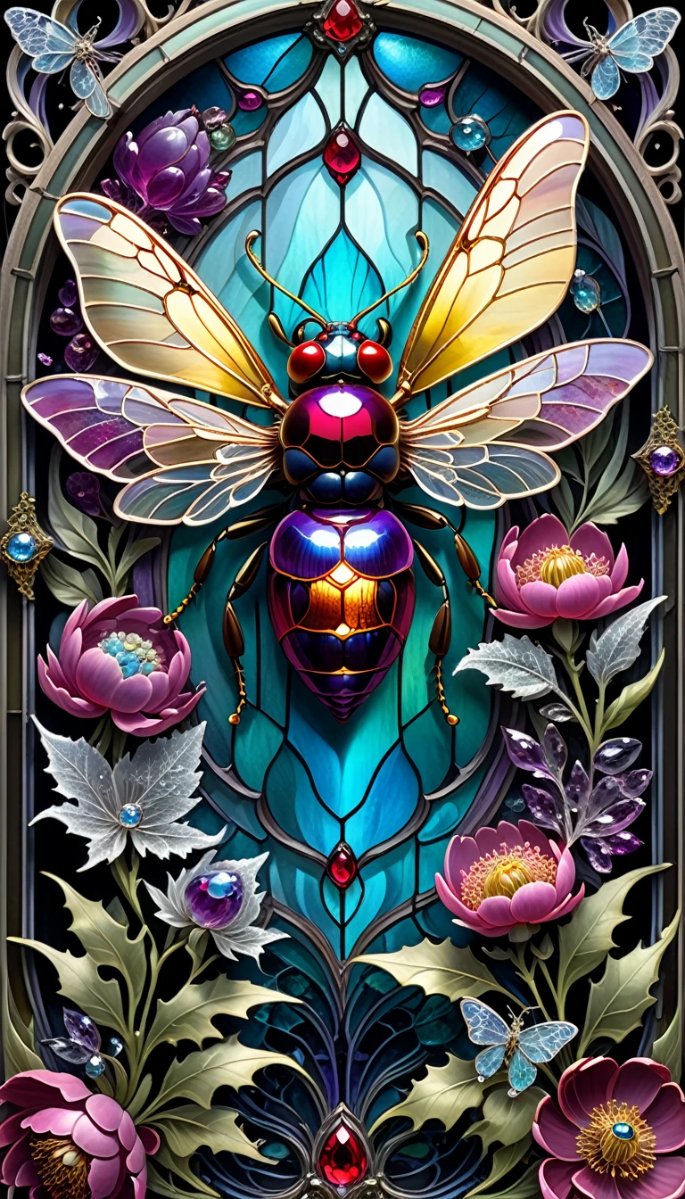 triadic colors, cinematic, official art, close fairytale transparent glass wasp ruby peony flowers, ice hoarfrost, baroque, Craola, highly detailed stained glass wings, amethyst crystals, labradorite iridescent crystals, Andy Kehoe, John Blanche, complex highly detailed background, child book detailed illustration, fantasy, filigree, filigree detailed, intricated, cute