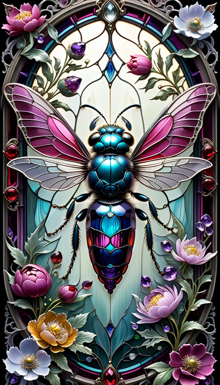 triadic colors, cinematic, official art, close fairytale transparent glass wasp ruby peony flowers, ice hoarfrost, baroque, Craola, highly detailed stained glass wings, amethyst crystals, labradorite iridescent crystals, Andy Kehoe, John Blanche, complex highly detailed background, child book detailed illustration, fantasy, filigree, filigree detailed, intricated, cute
