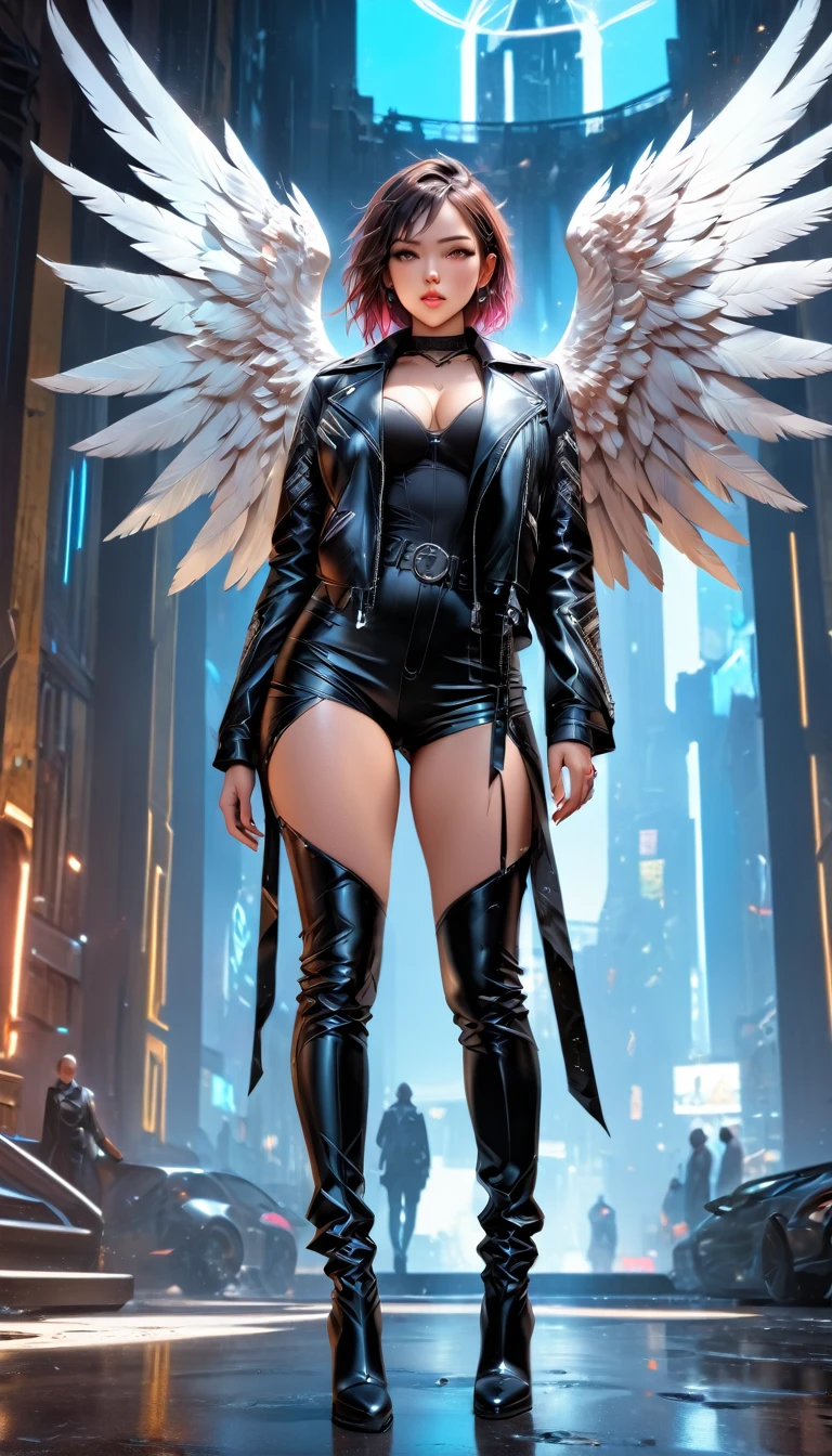 a picture of an mecha angel wearing black leather jacket, ((full body: 1.5)), exotic beautiful angel ((anatomically correct: 1.5), (ultra detailed face: 1.2), best detailed face, busty, folded wings, white angel wings, (white mecha armor: 1.3), she is wearing ((black leather jacket: 1.5)), intricate leather jacket, loose leather jacket, glam leather jacket, jacket has metallic studs, wearing silk dress, (dynamic color dress)), wearing thigh high heeled boots, cyberpunk church background, , vibrant, Hyperrealism style, vibrant, Ultra-high resolution, High Contrast, (masterpiece:1.5), highest quality, Best aesthetics), best details, best quality, highres, ultra wide angle, 16k, [ultra detailed], masterpiece, best quality, (extremely detailed) RAW, feathered wings, Hyperrealism style