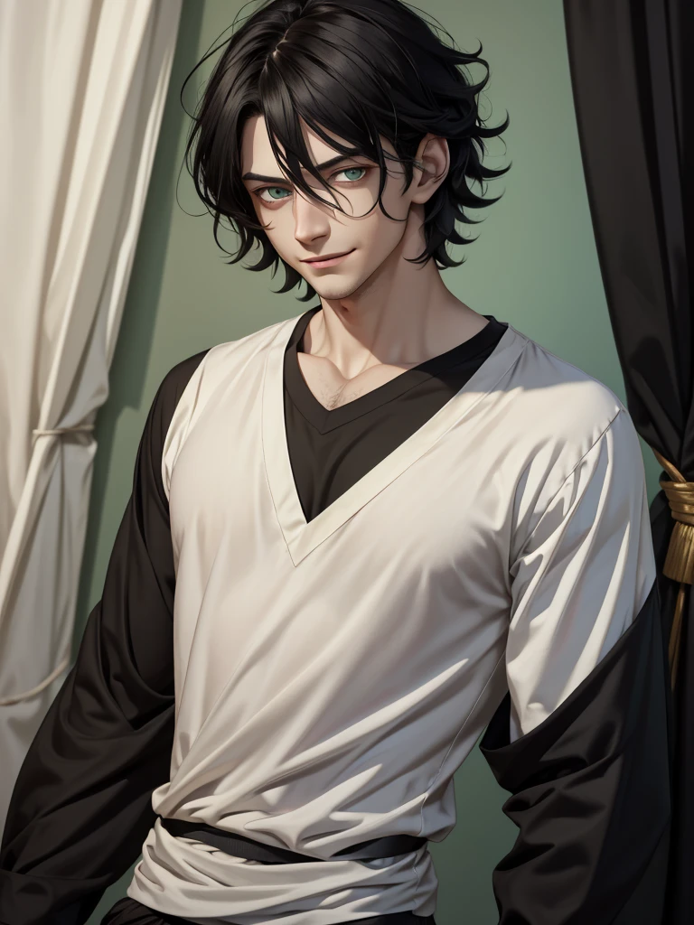 (best quality), 1boy, male, pale skin, black hair, medium hair, curtain hair, tousled hair, green eyes, perfect eyes, dark circles under eyes, light smile, basic black long sleeve v neck shirt, Tomura Shigaraki, masterpiece, anatomically correct, highres