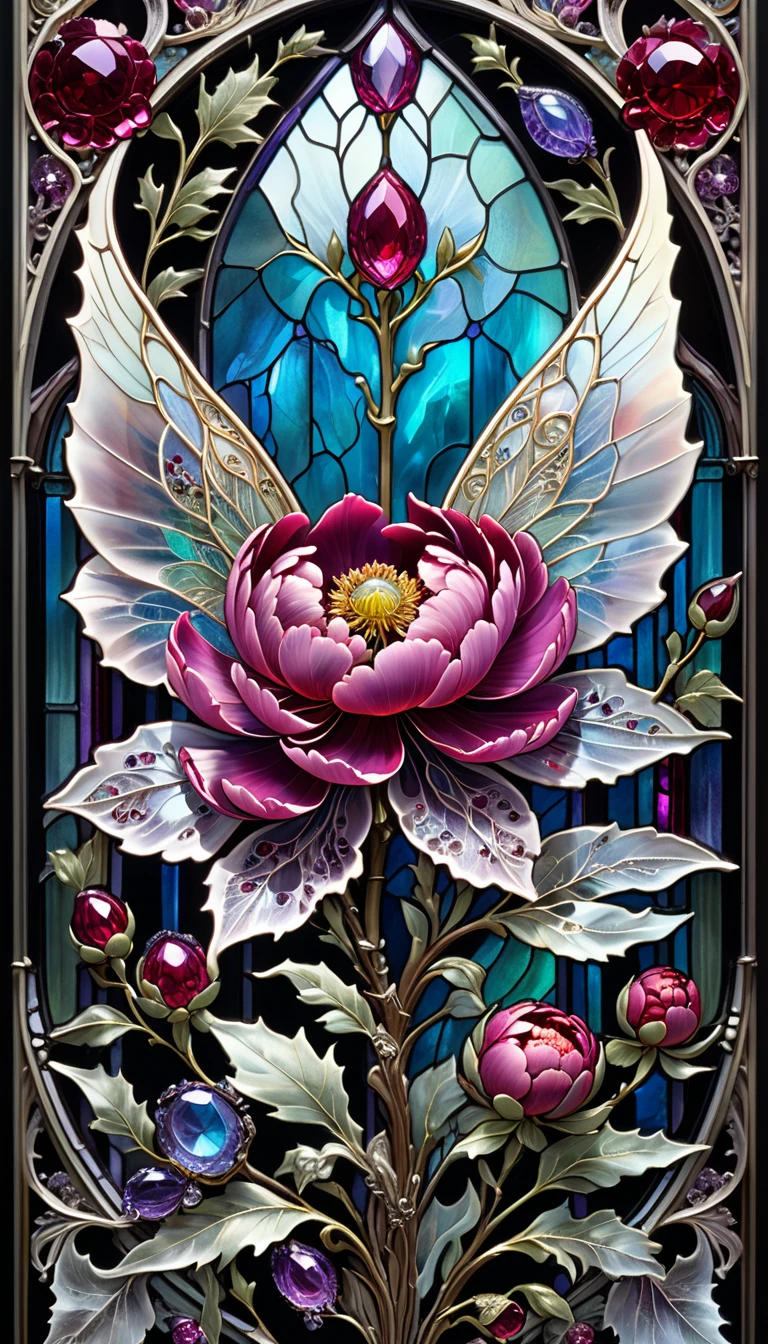 triadic colors, cinematic, official art, close fairytale transparent glass scarabeus ruby peony flowers, ice hoarfrost, baroque, Craola, highly detailed stained glass wings, amethyst crystals, labradorite iridescent crystals, Andy Kehoe, John Blanche, complex highly detailed background, child book detailed illustration, fantasy, filigree, filigree detailed, intricated, cute